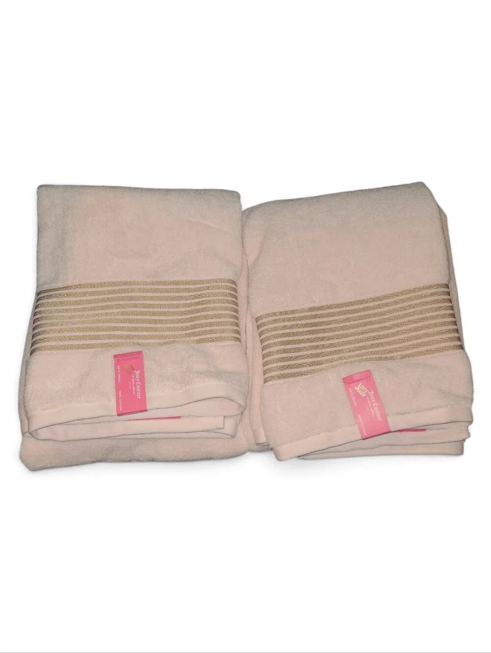 JUICY COUTURE Plush Peach & Gold Bath Towel Set with Gold Stripe Accent